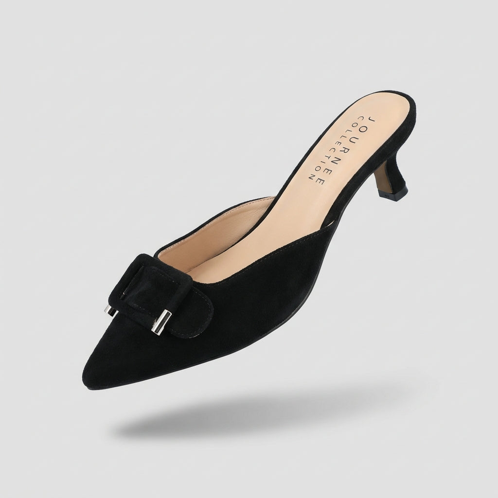 Journee Collection Black Faux Suede Pointed Toe Bow Kitten Heel Mules (Like New)