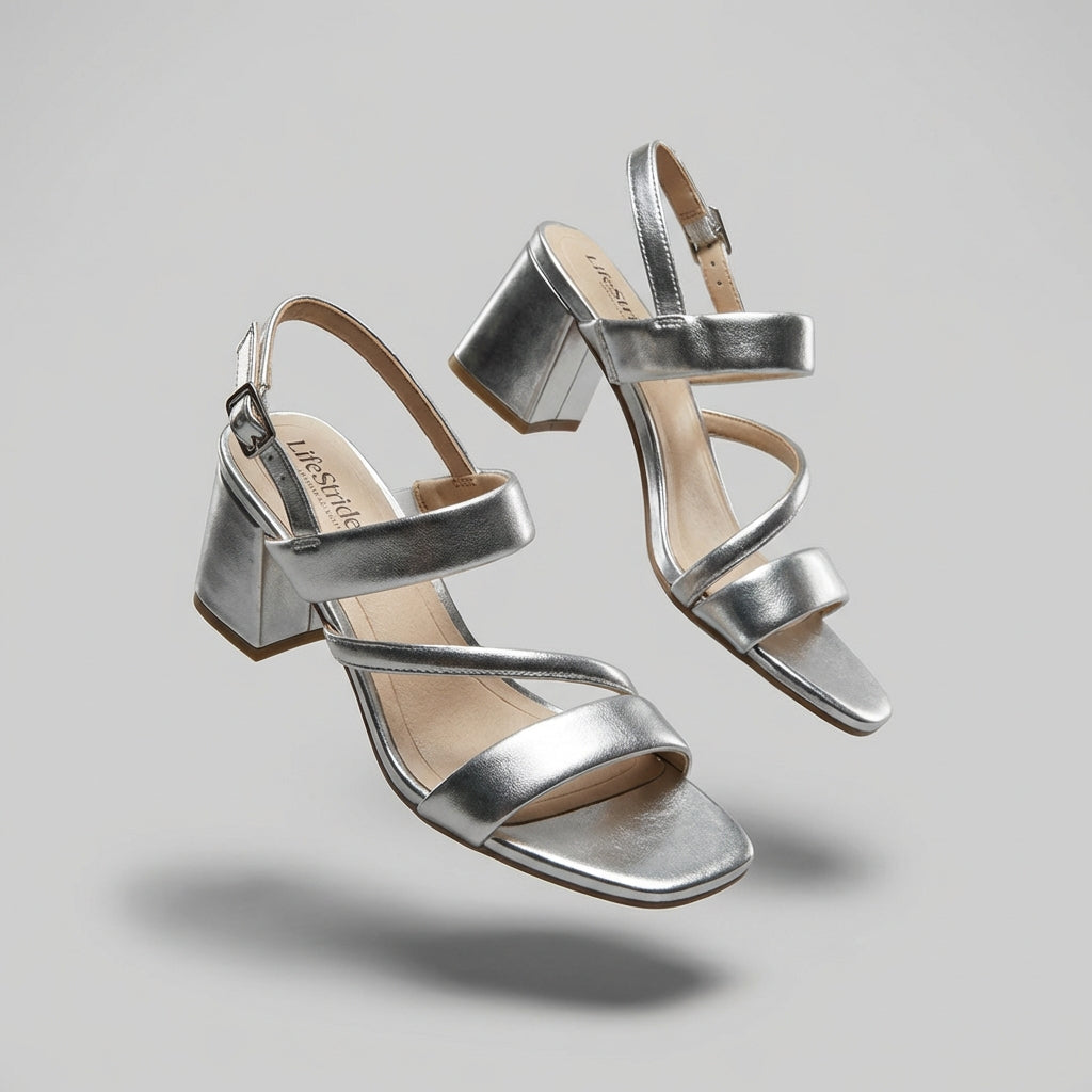LifeStride Women's Silver Metallic Block Heel Strappy Sandals (Like New)