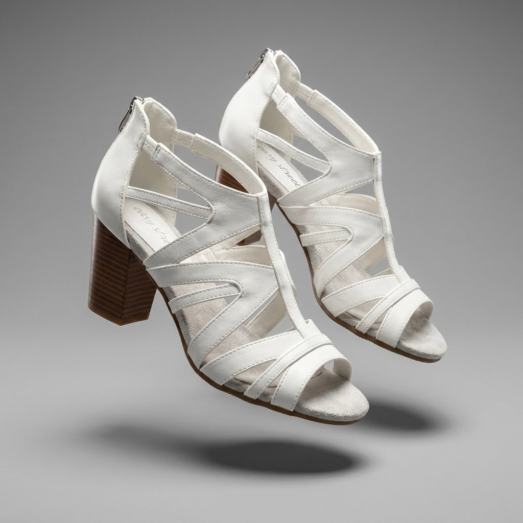 Easy Street Women's White Strappy Block Heel Sandals Back Zip (Like New)