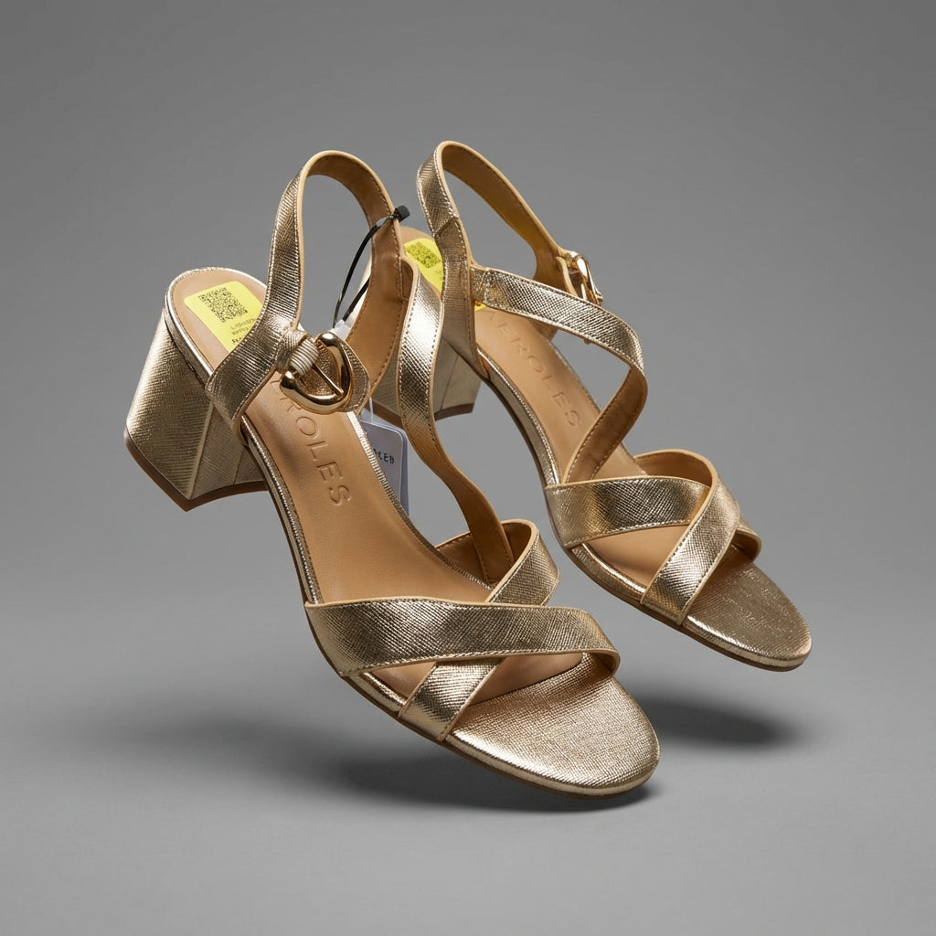 Aerosoles Women's Gold Metallic Strappy Block Heel Sandals - New With Tags (Like New)
