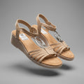 Impo Women's Beige Stretch Elastic Wedge Sandals with Silver Detail (Like New)