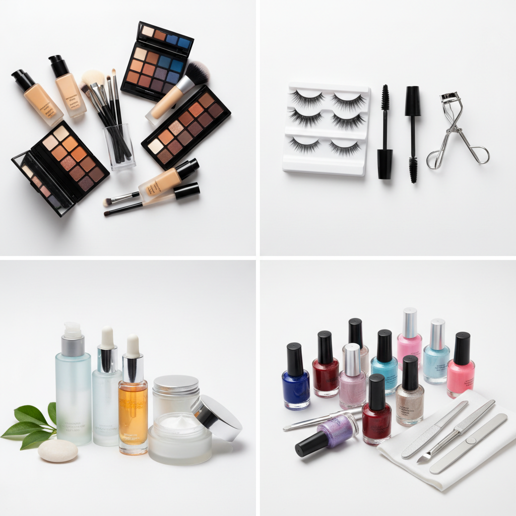 generate 4 grid image for beauty category , add make , eye lashers and two others 