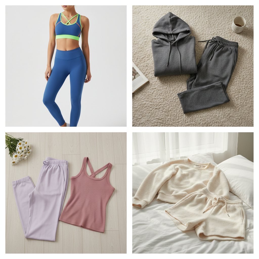 generate a 4 grid image product catagery  image for Active & Loungewear