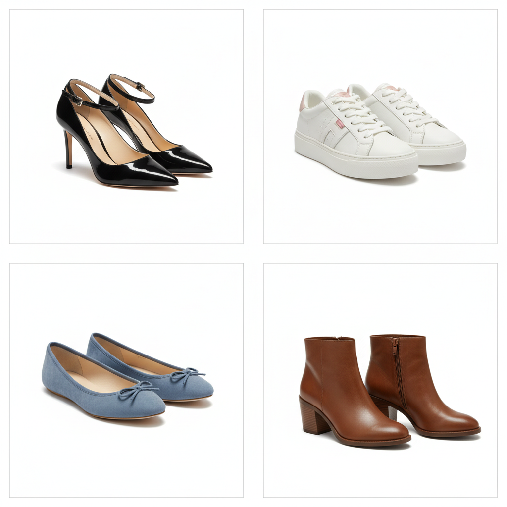 generate a 4 grid image product category image for women shoes 