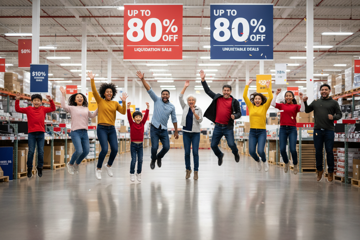 up to 80 % off don't use the yellow color strips , image people jumping from low price excitemrnt . kids old different ethnicity